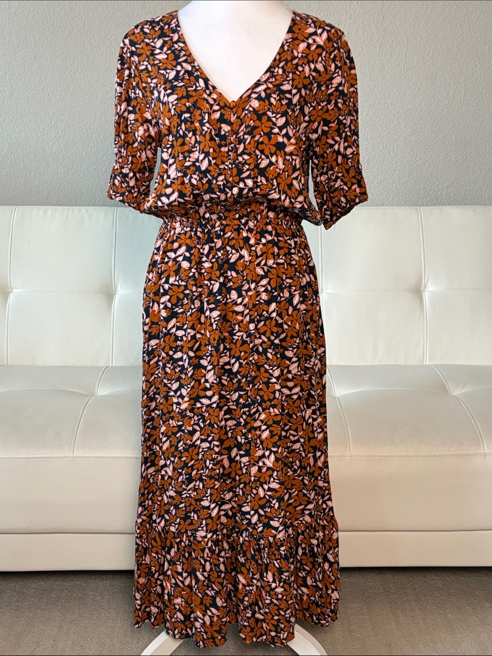Velvet Heart Rust and Navy Blue Floral Maxi Dress, Elastic Waistband